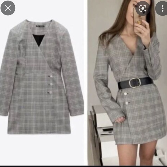 NWT ZARA Blogger Favorite Gray Black Plaid Blazer Mini Dress XS Preppy - Picture 3 of 13